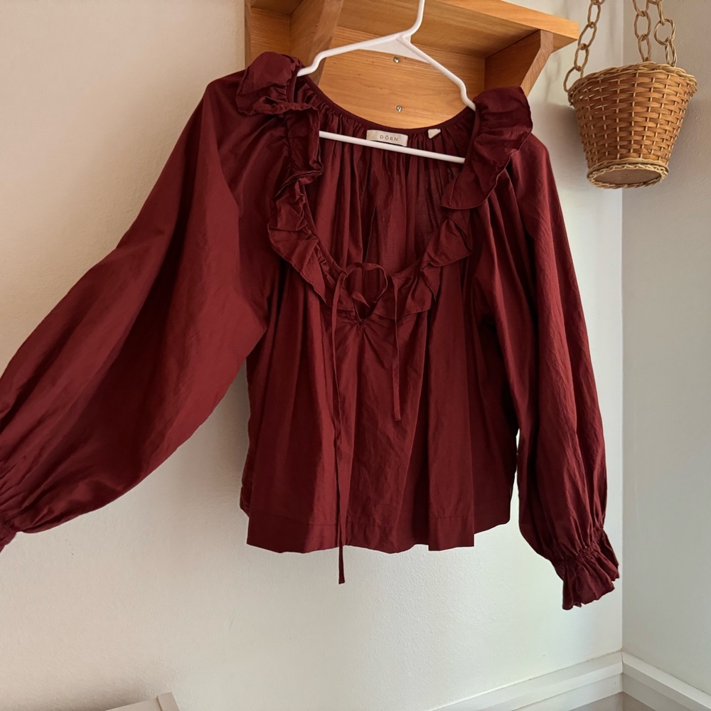 Doen Red Ruffled Bib Collar Blouse